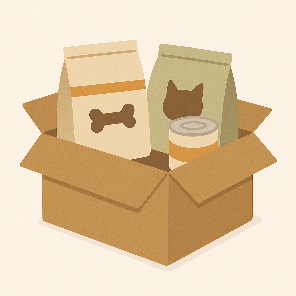 支援物資として送られる段ボール箱と物資のイラスト